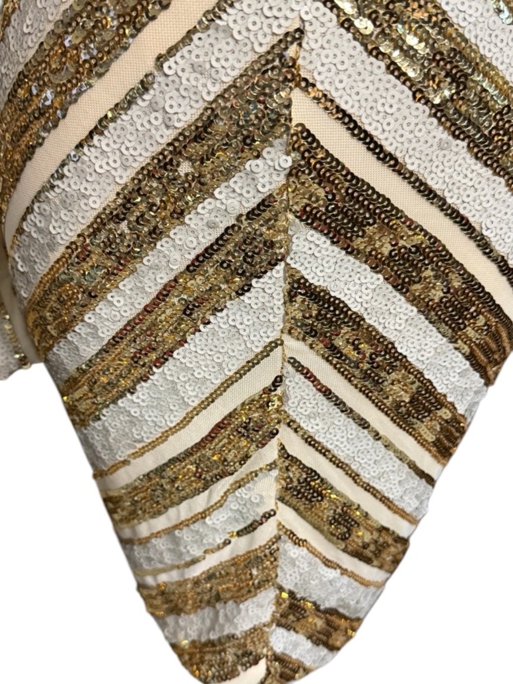 CBR Gold Cream & White Chevron Sequin Mini Bodycon Dress Size S (Size 2-4) - Picture 3 of 8